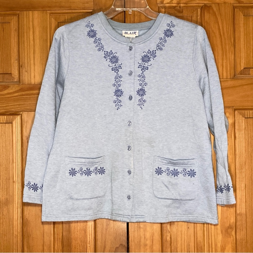 EUC Blair Vintage 90s Cardigan Fleece Long Sleeve Top Blue Size L Large